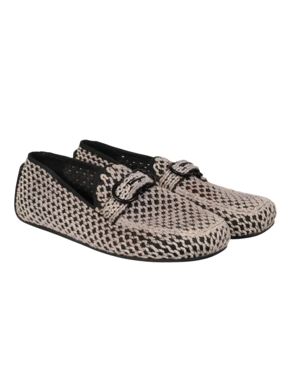 Salvatore Ferragamo Driver Woven Buckle Loafers  US 8 UK 7 White Black Crochet
